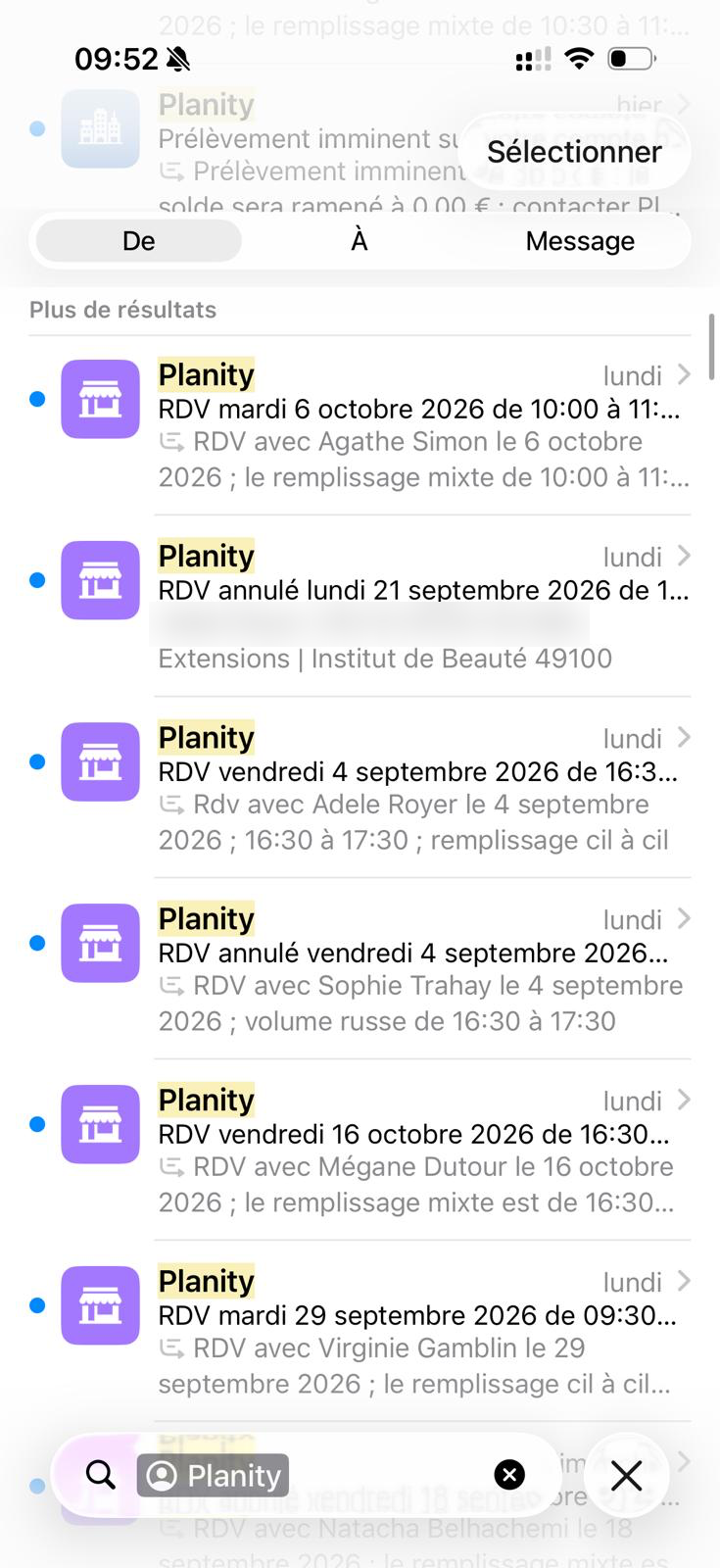 Capture d'agenda Planity : réservations et confirmations de rendez-vous qui s'enchaînent