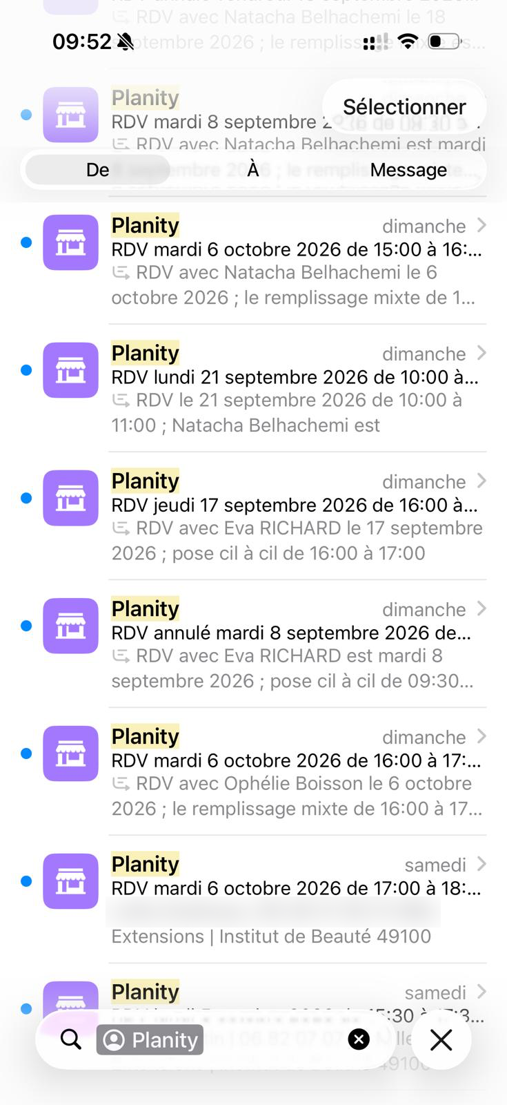 Capture d'agenda Planity : planning rempli de rendez-vous cils et sourcils