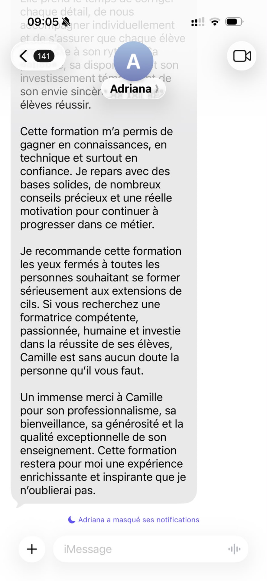 Message de Adriana à Camille